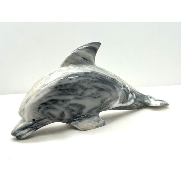 Hand Carved Black & Gray Marble Dolphin Paperweight GARF1-5 - Picture 3 of 7